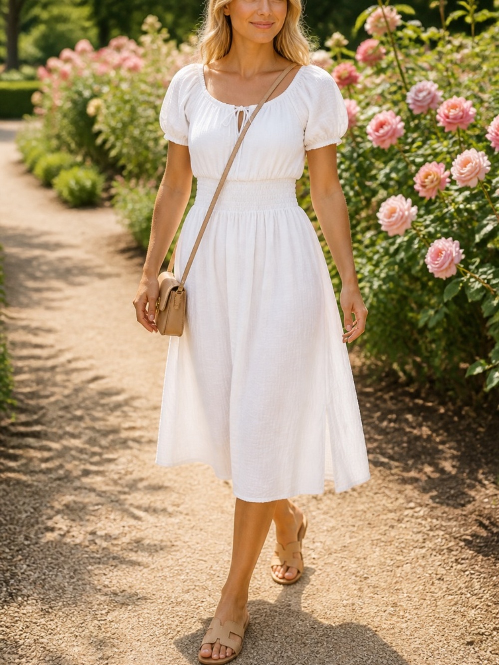 White Puff Sleeve Smocked Waist Lined Midi Dress with Side Slit